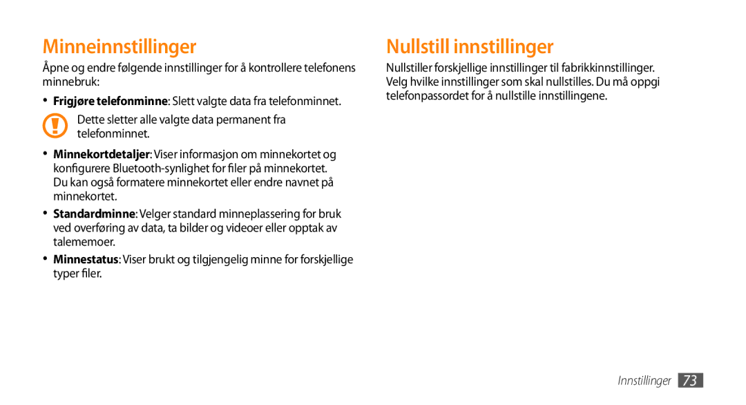 Samsung GT-B7722QKANEE, GT-B7722QKAXEE manual Minneinnstillinger, Nullstill innstillinger 