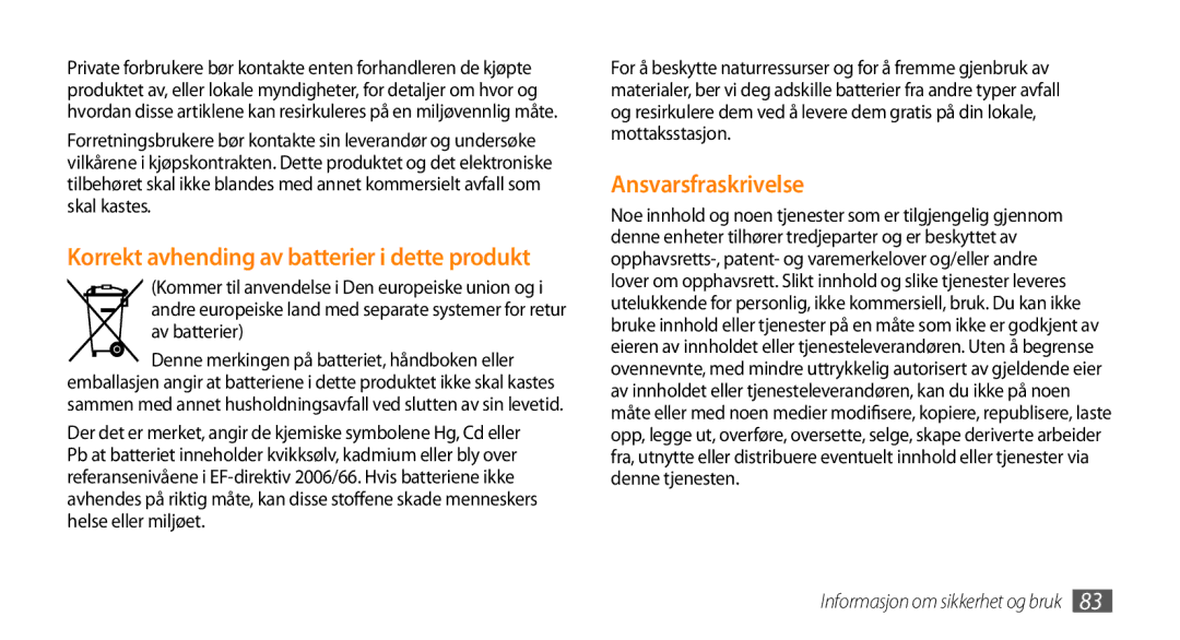 Samsung GT-B7722QKANEE, GT-B7722QKAXEE manual Ansvarsfraskrivelse, Korrekt avhending av batterier i dette produkt 