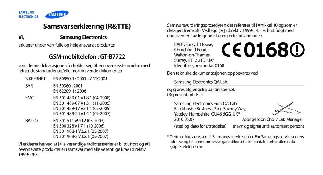 Samsung GT-B7722QKANEE, GT-B7722QKAXEE manual GSM-mobiltelefon GT-B7722, Samsung Electronics 