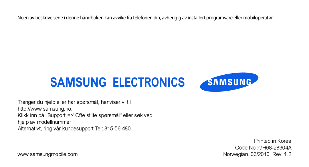 Samsung GT-B7722QKAXEE, GT-B7722QKANEE manual Norwegian /2010. Rev 