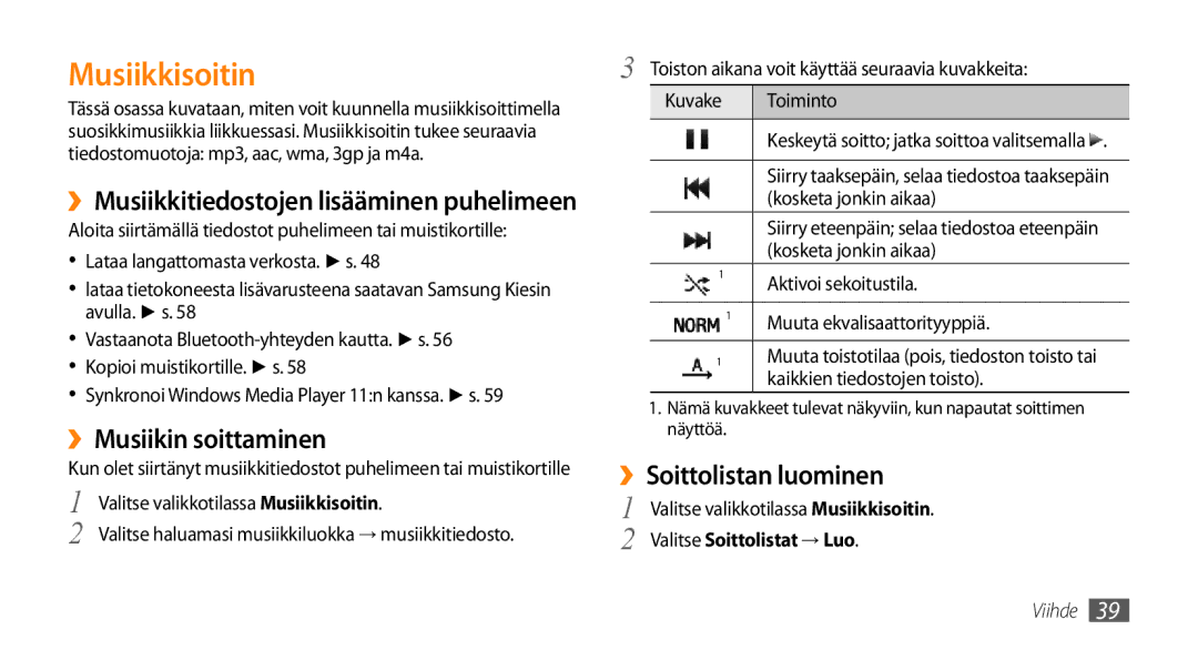 Samsung GT-B7722QKANEE manual Musiikkisoitin, ››Musiikin soittaminen, ››Soittolistan luominen, Valitse Soittolistat → Luo 