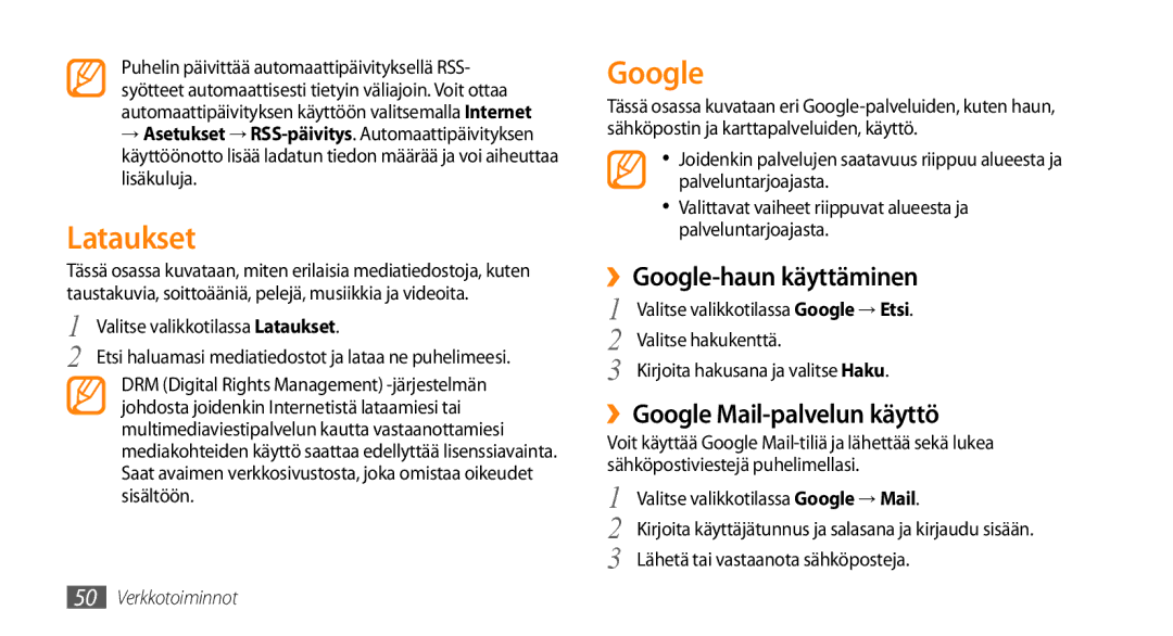 Samsung GT-B7722QKAXEE, GT-B7722QKANEE manual Lataukset, ››Google-haun käyttäminen, ››Google Mail-palvelun käyttö 