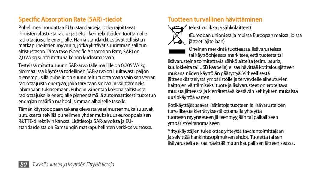 Samsung GT-B7722QKAXEE, GT-B7722QKANEE manual Specific Absorption Rate SAR -tiedot, Tuotteen turvallinen hävittäminen 