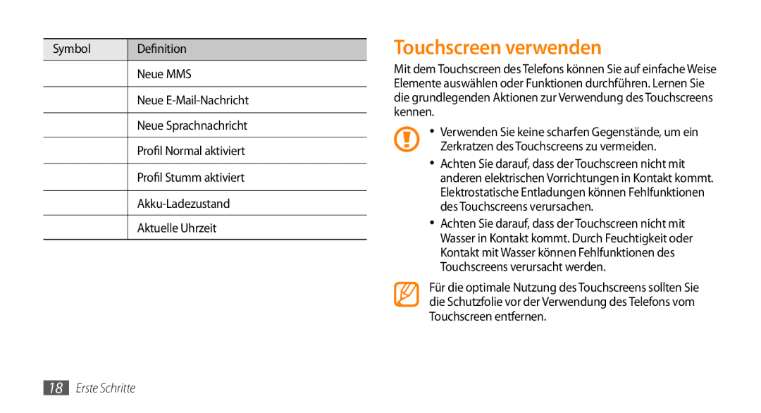 Samsung GT-B7722QKIDBT, GT-B7722QKIATO manual Touchscreen verwenden, Akku-Ladezustand, Aktuelle Uhrzeit 