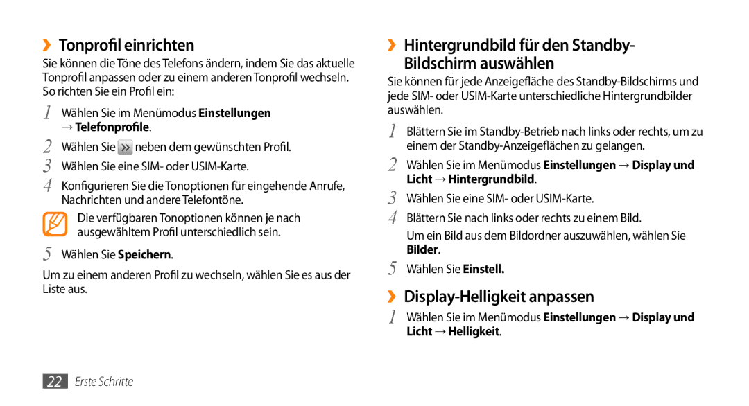 Samsung GT-B7722QKIDBT, GT-B7722QKIATO manual ››Tonprofil einrichten, ››Hintergrundbild für den Standby Bildschirm auswählen 