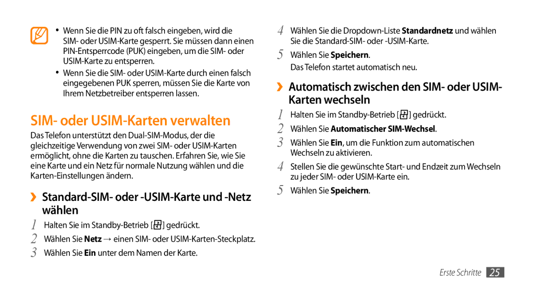 Samsung GT-B7722QKIATO SIM- oder USIM-Karten verwalten, ››Standard-SIM- oder -USIM-Karte und -Netz wählen, Karten wechseln 