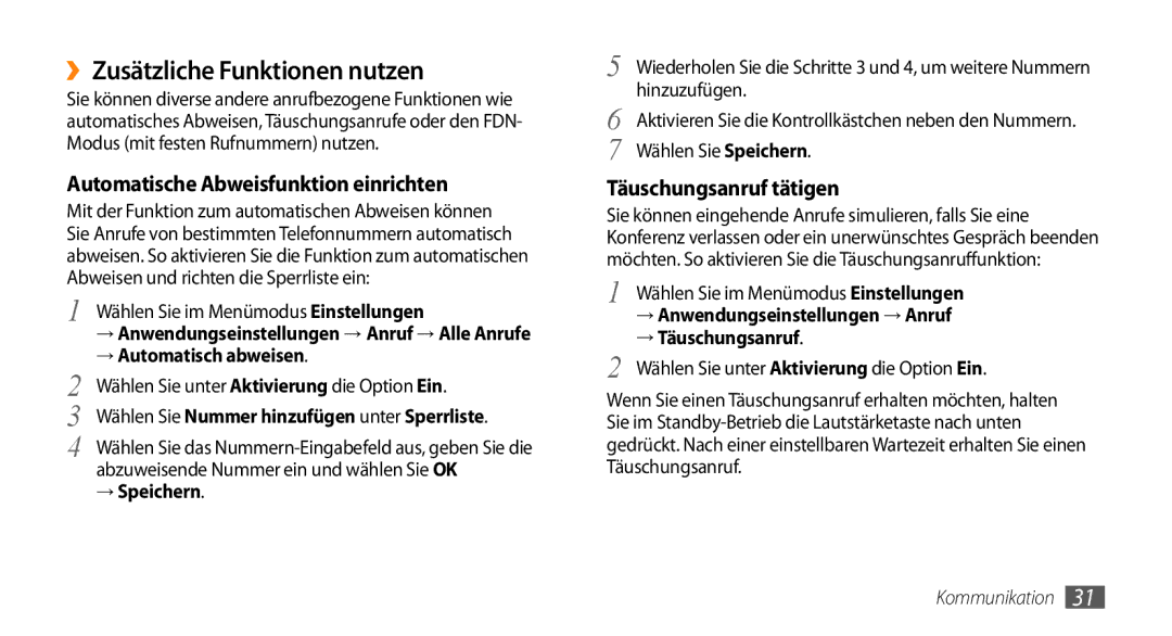 Samsung GT-B7722QKIATO manual ››Zusätzliche Funktionen nutzen, Wählen Sie Nummer hinzufügen unter Sperrliste, → Speichern 