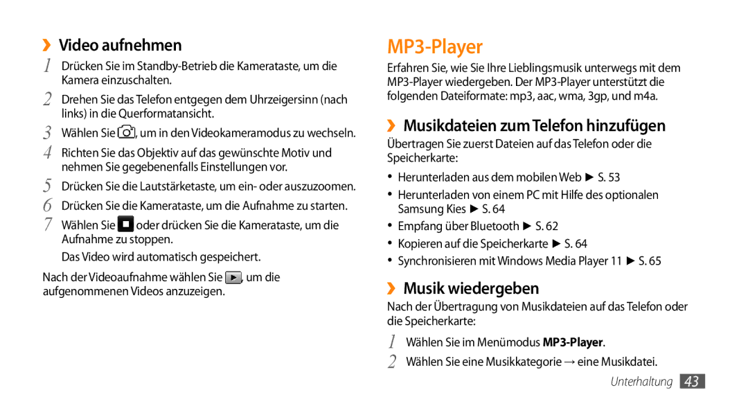 Samsung GT-B7722QKIATO manual MP3-Player, ››Video aufnehmen, ››Musikdateien zum Telefon hinzufügen, ››Musik wiedergeben 