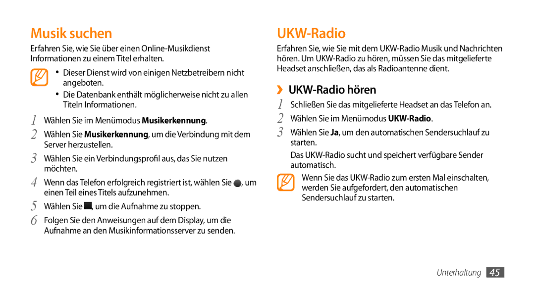 Samsung GT-B7722QKIATO, GT-B7722QKIDBT manual Musik suchen, ››UKW-Radio hören 