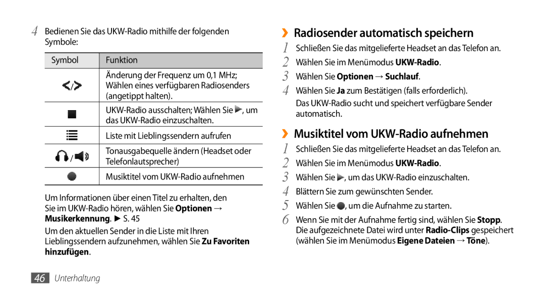 Samsung GT-B7722QKIDBT, GT-B7722QKIATO manual ››Radiosender automatisch speichern, Wählen Sie Optionen → Suchlauf 