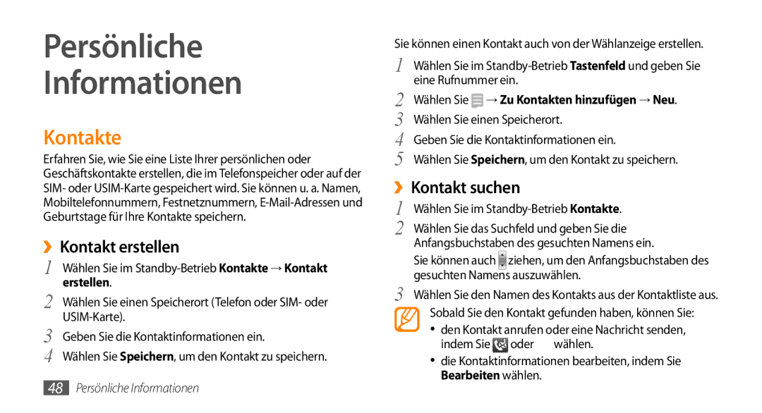 Samsung GT-B7722QKIDBT, GT-B7722QKIATO manual Persönliche Informationen, Kontakte, ››Kontakt erstellen, ››Kontakt suchen 