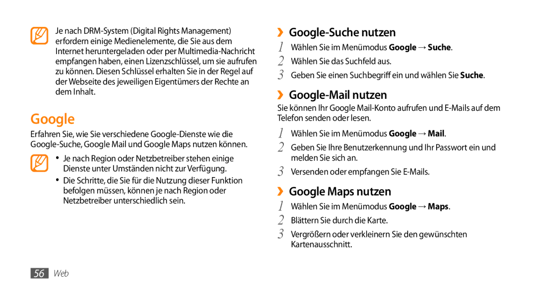 Samsung GT-B7722QKIDBT, GT-B7722QKIATO manual ››Google-Suche nutzen, ››Google-Mail nutzen, ››Google Maps nutzen 