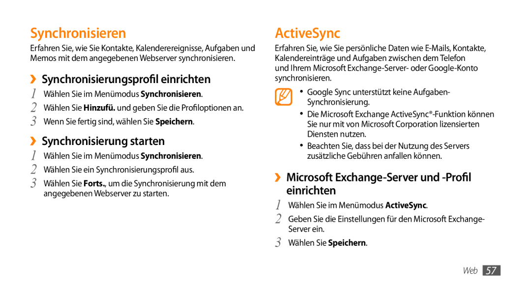 Samsung GT-B7722QKIATO manual Synchronisieren, ActiveSync, ››Synchronisierungsprofil einrichten, ››Synchronisierung starten 