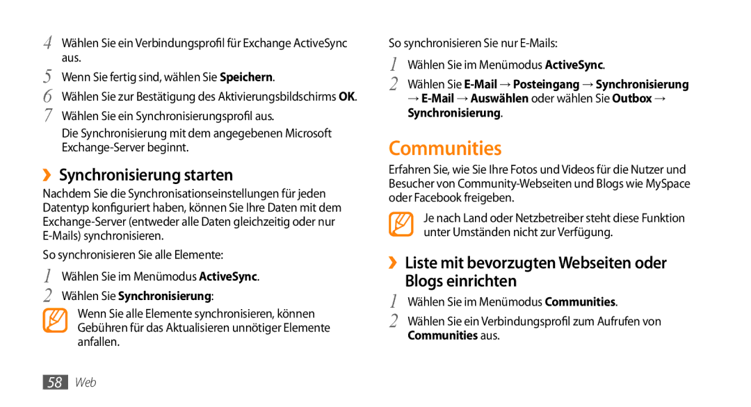 Samsung GT-B7722QKIDBT Communities, ››Liste mit bevorzugten Webseiten oder Blogs einrichten, Wählen Sie Synchronisierung 