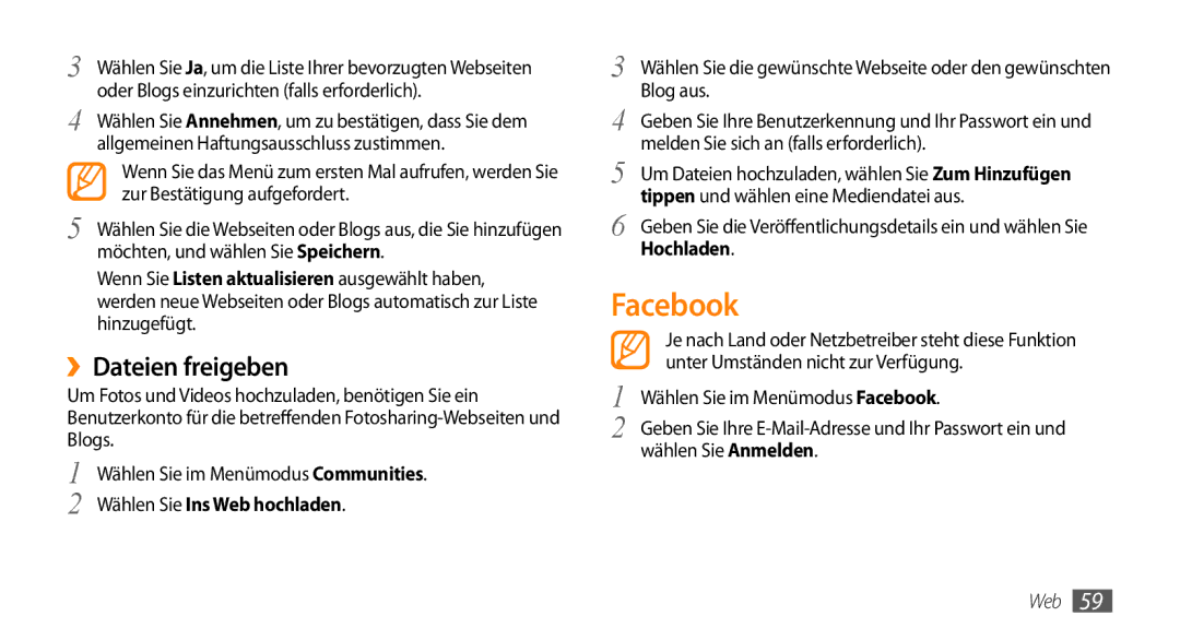 Samsung GT-B7722QKIATO, GT-B7722QKIDBT manual Facebook, ››Dateien freigeben, Wählen Sie Ins Web hochladen 