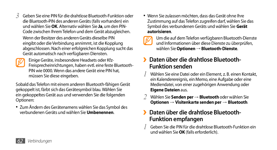 Samsung GT-B7722QKIDBT manual ››Daten über die drahtlose Bluetooth Funktion senden, Funktion empfangen, Eigene Dateien aus 