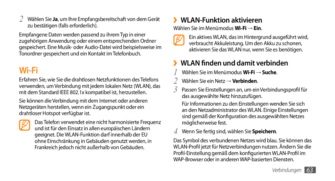 Samsung GT-B7722QKIATO, GT-B7722QKIDBT manual Wi-Fi, ››WLAN-Funktion aktivieren, ››WLAN finden und damit verbinden 