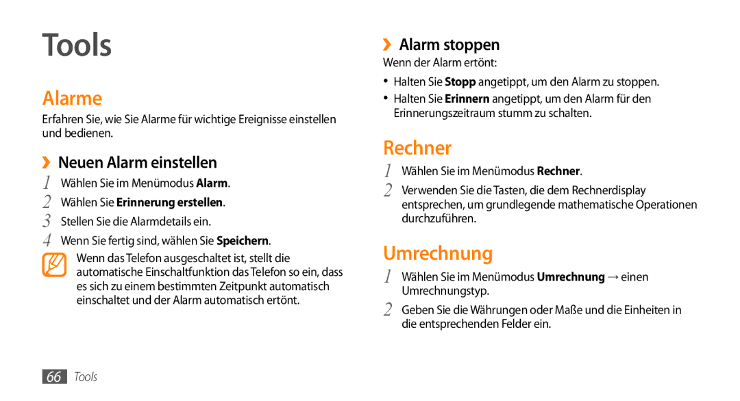 Samsung GT-B7722QKIDBT, GT-B7722QKIATO manual Tools, Alarme, Rechner, Umrechnung 