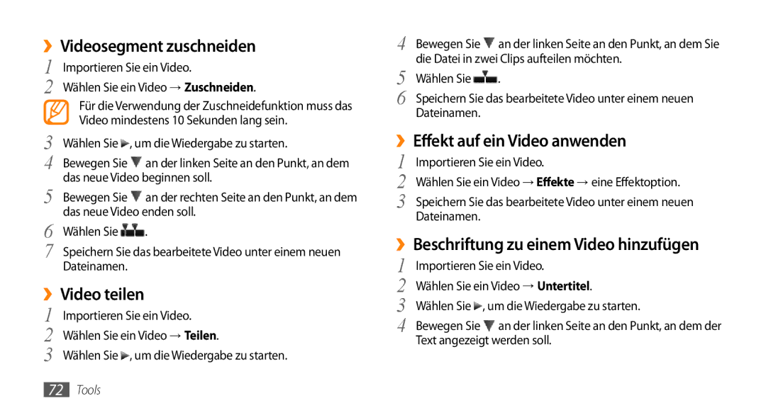 Samsung GT-B7722QKIDBT, GT-B7722QKIATO manual ››Videosegment zuschneiden, ››Video teilen, ››Effekt auf ein Video anwenden 