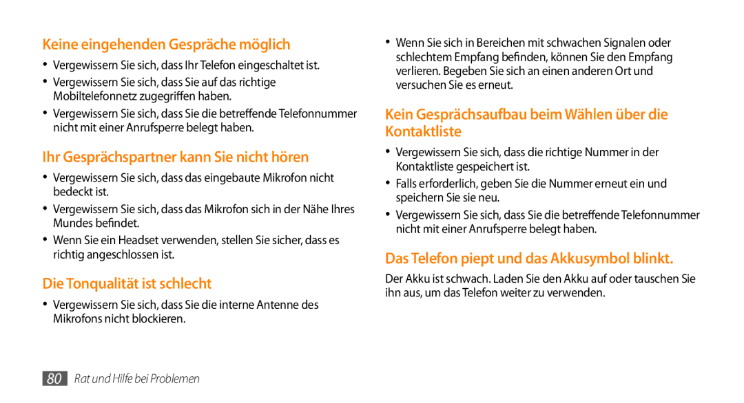 Samsung GT-B7722QKIDBT, GT-B7722QKIATO manual Keine eingehenden Gespräche möglich, Ihr Gesprächspartner kann Sie nicht hören 