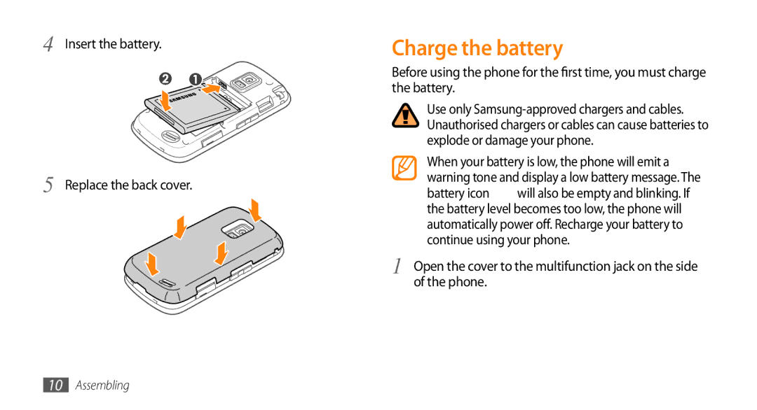 Samsung GT-B7722QKIDBT, GT-B7722QKIATO Charge the battery, Insert the battery Replace the back cover, Battery icon, Phone 