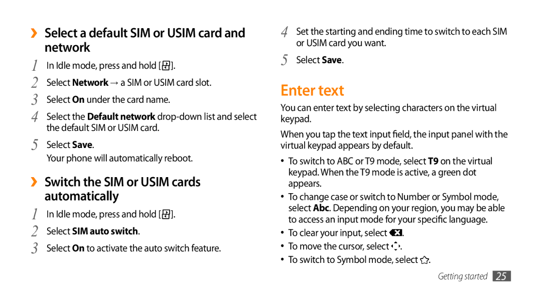 Samsung GT-B7722QKIATO manual Enter text, ›› Select a default SIM or Usim card and network, Select SIM auto switch 