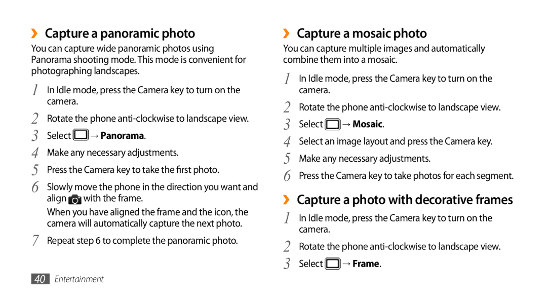 Samsung GT-B7722QKIDBT manual ›› Capture a panoramic photo, ›› Capture a mosaic photo, → Panorama, → Mosaic, → Frame 