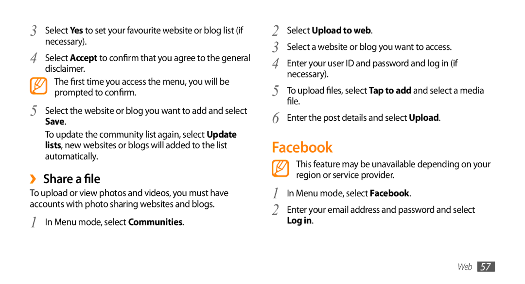 Samsung GT-B7722QKIATO, GT-B7722QKIDBT manual Facebook, ›› Share a file, Select Upload to web, Log 