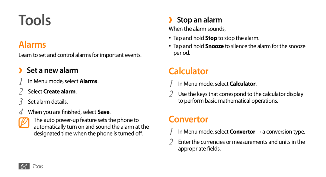 Samsung GT-B7722QKIDBT, GT-B7722QKIATO manual Tools, Alarms, Calculator, Convertor 