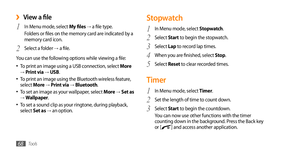 Samsung GT-B7722QKIDBT, GT-B7722QKIATO manual Stopwatch, Timer, ›› View a file, → Print via → USB 