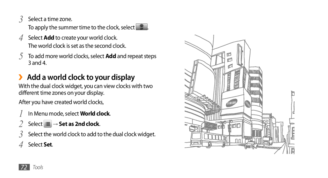 Samsung GT-B7722QKIDBT, GT-B7722QKIATO manual ›› Add a world clock to your display, Select → Set as 2nd clock 