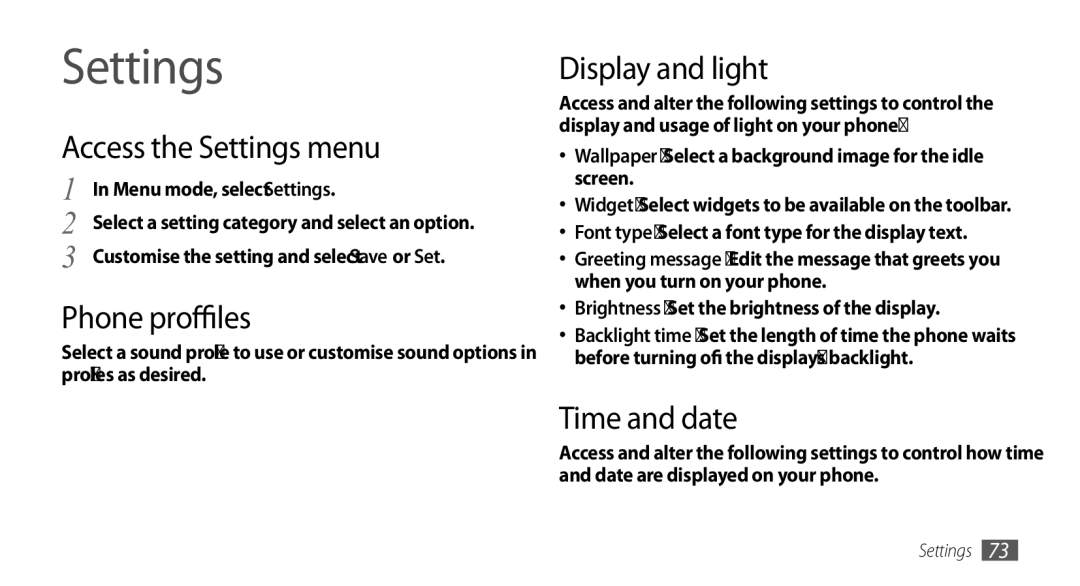 Samsung GT-B7722QKIATO, GT-B7722QKIDBT manual Access the Settings menu, Phone profiles, Display and light, Time and date 