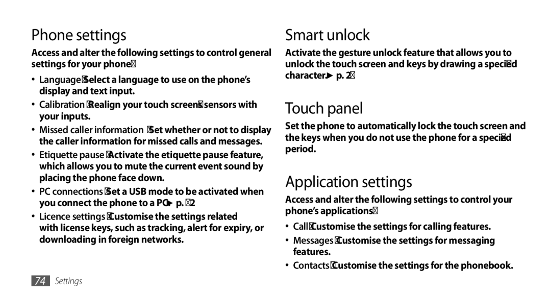 Samsung GT-B7722QKIDBT, GT-B7722QKIATO manual Phone settings, Smart unlock, Touch panel, Application settings 