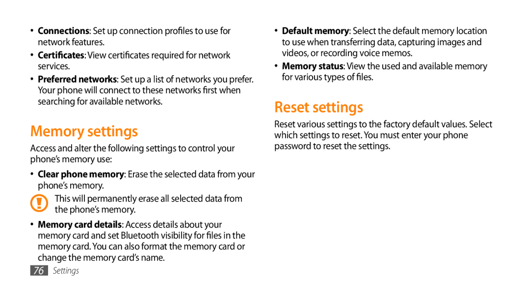 Samsung GT-B7722QKIDBT, GT-B7722QKIATO manual Memory settings, Reset settings 