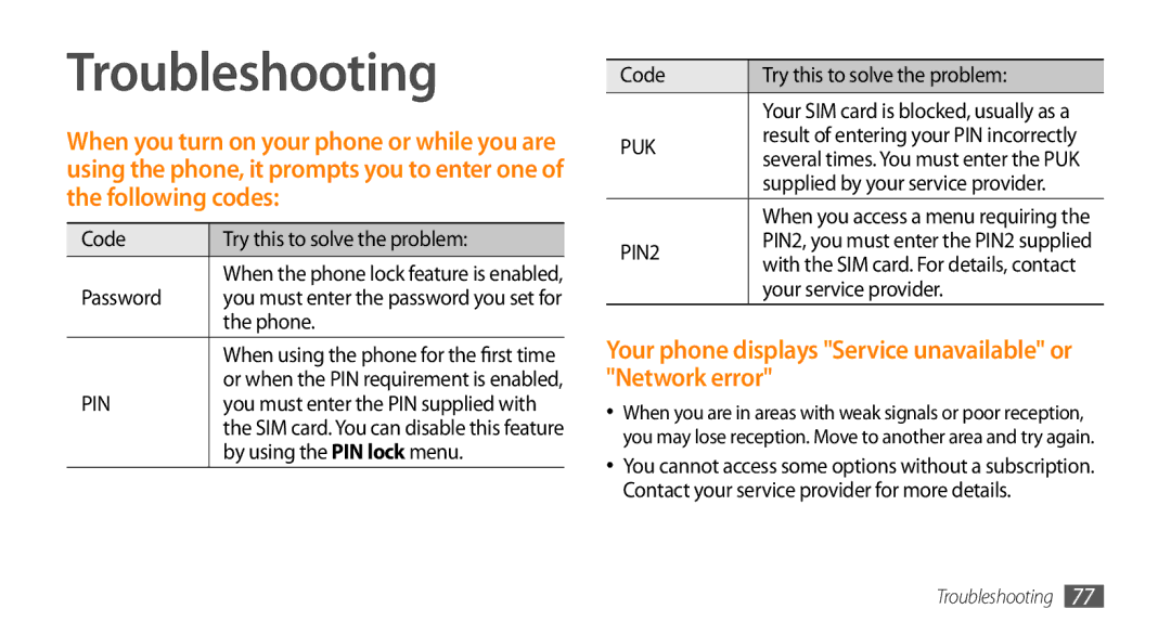 Samsung GT-B7722QKIATO, GT-B7722QKIDBT manual Troubleshooting, Your phone displays Service unavailable or Network error 