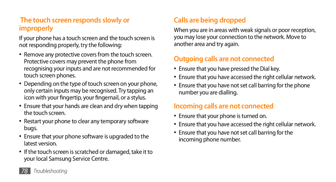 Samsung GT-B7722QKIDBT, GT-B7722QKIATO manual Touch screen responds slowly or improperly, Calls are being dropped 