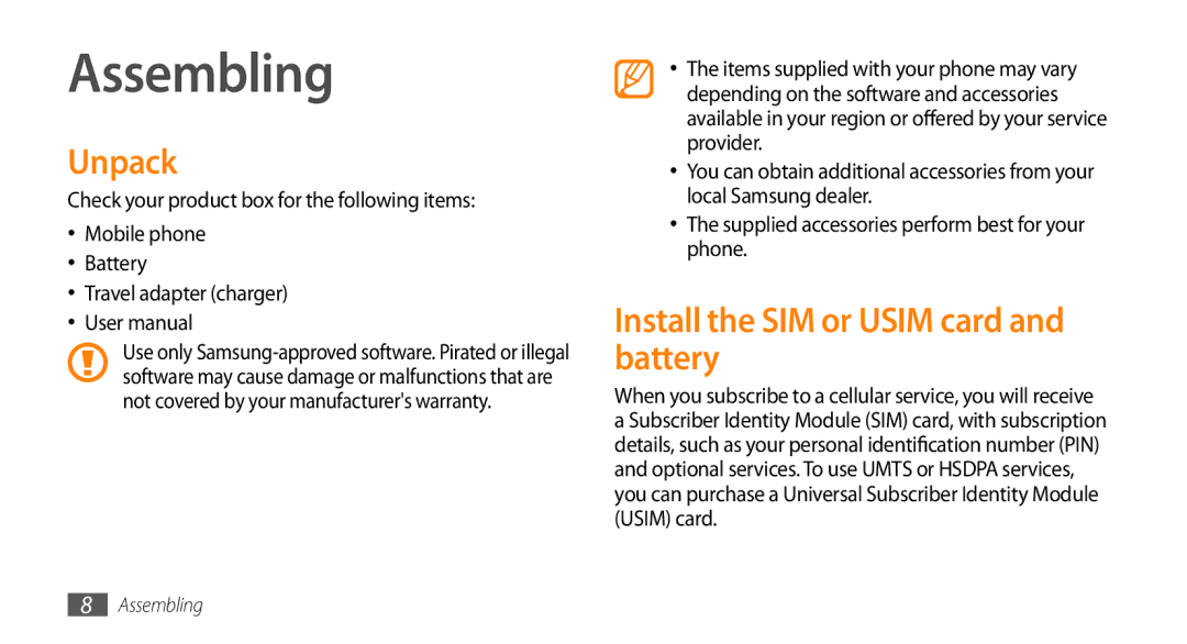 Samsung GT-B7722QKIDBT, GT-B7722QKIATO manual Assembling, Unpack, Install the SIM or Usim card and battery 