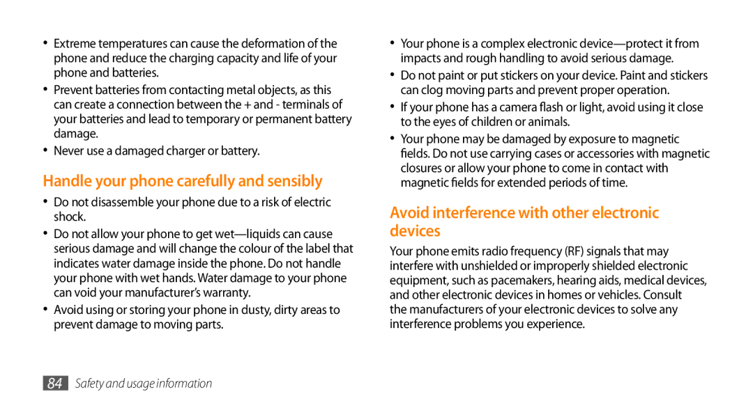 Samsung GT-B7722QKIDBT manual Handle your phone carefully and sensibly, Avoid interference with other electronic devices 