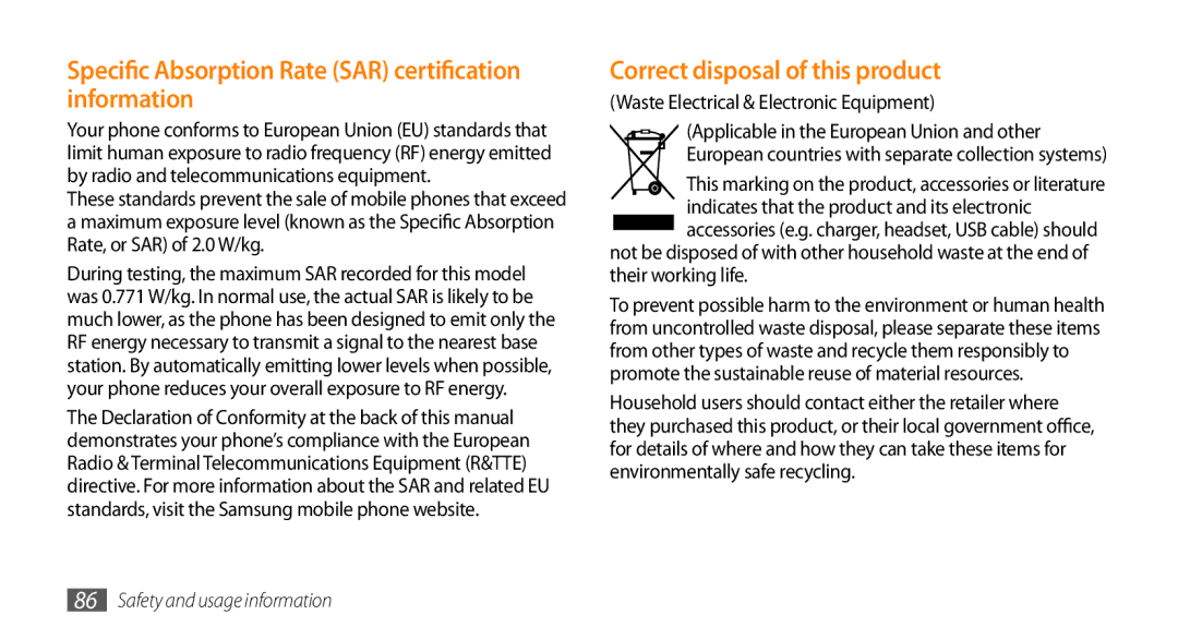 Samsung GT-B7722QKIDBT manual Specific Absorption Rate SAR certification information, Correct disposal of this product 