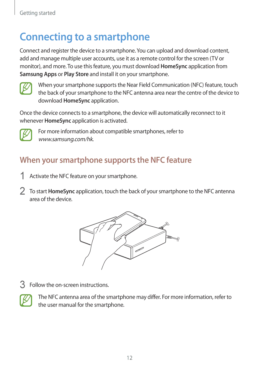 Samsung GT-B9150 user manual Connecting to a smartphone, When your smartphone supports the NFC feature 