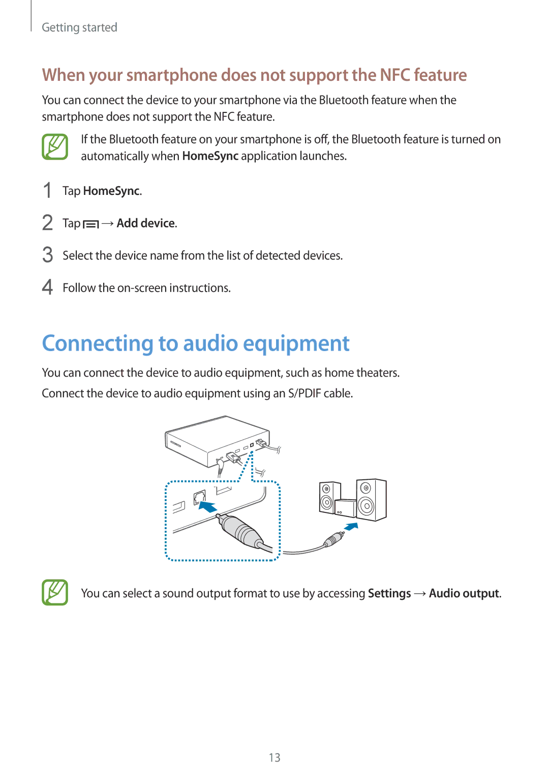 Samsung GT-B9150 user manual Connecting to audio equipment, Tap HomeSync Tap →Add device 