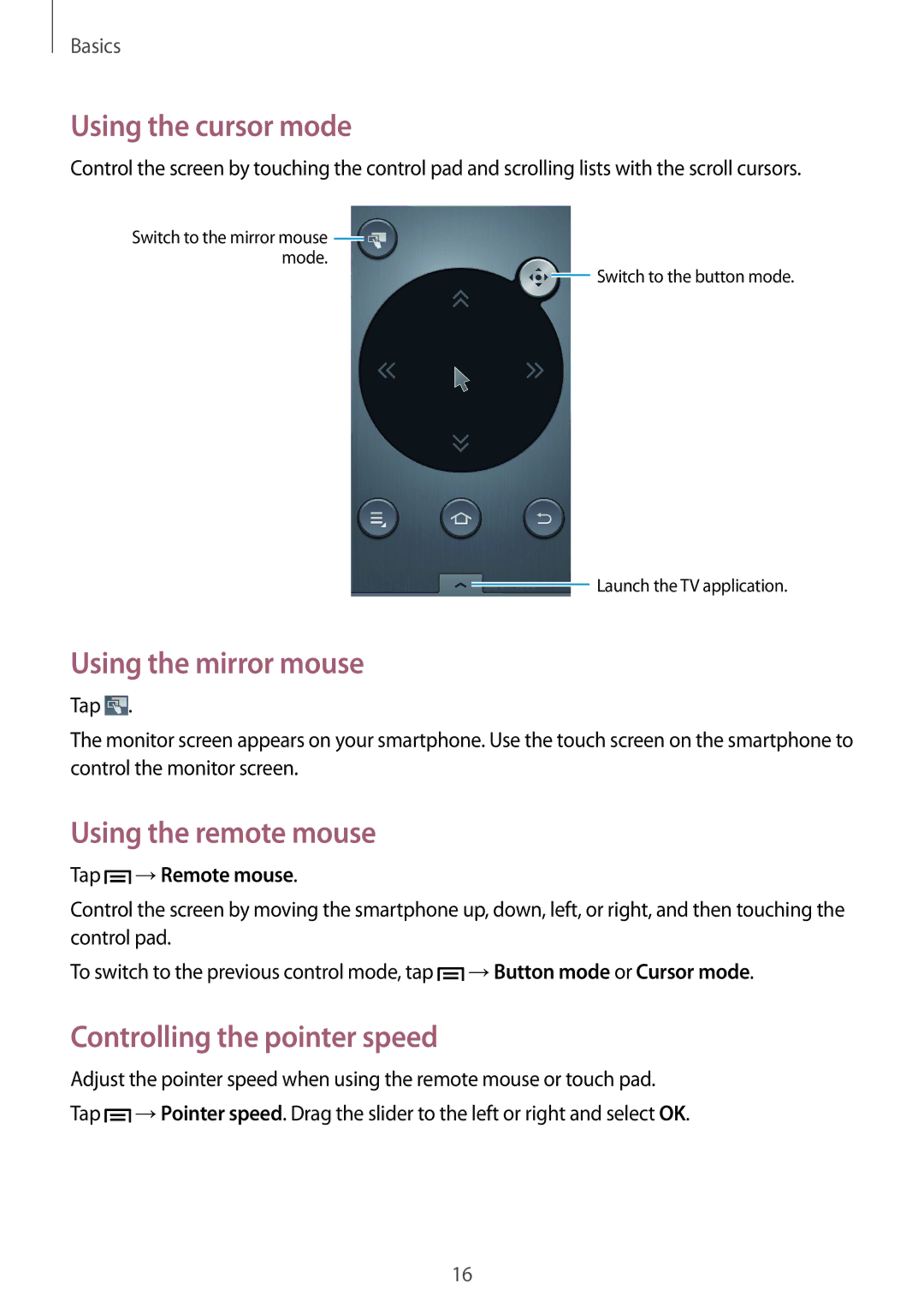 Samsung GT-B9150 Using the cursor mode, Using the mirror mouse, Using the remote mouse, Controlling the pointer speed 