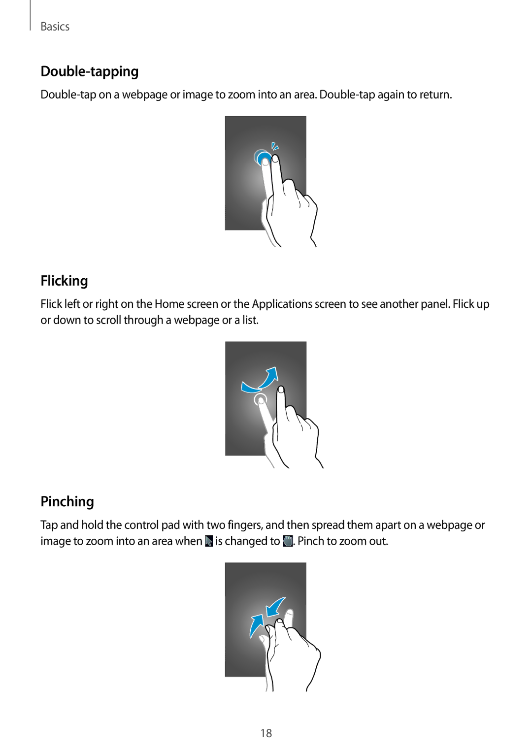 Samsung GT-B9150 user manual Double-tapping, Flicking, Pinching 