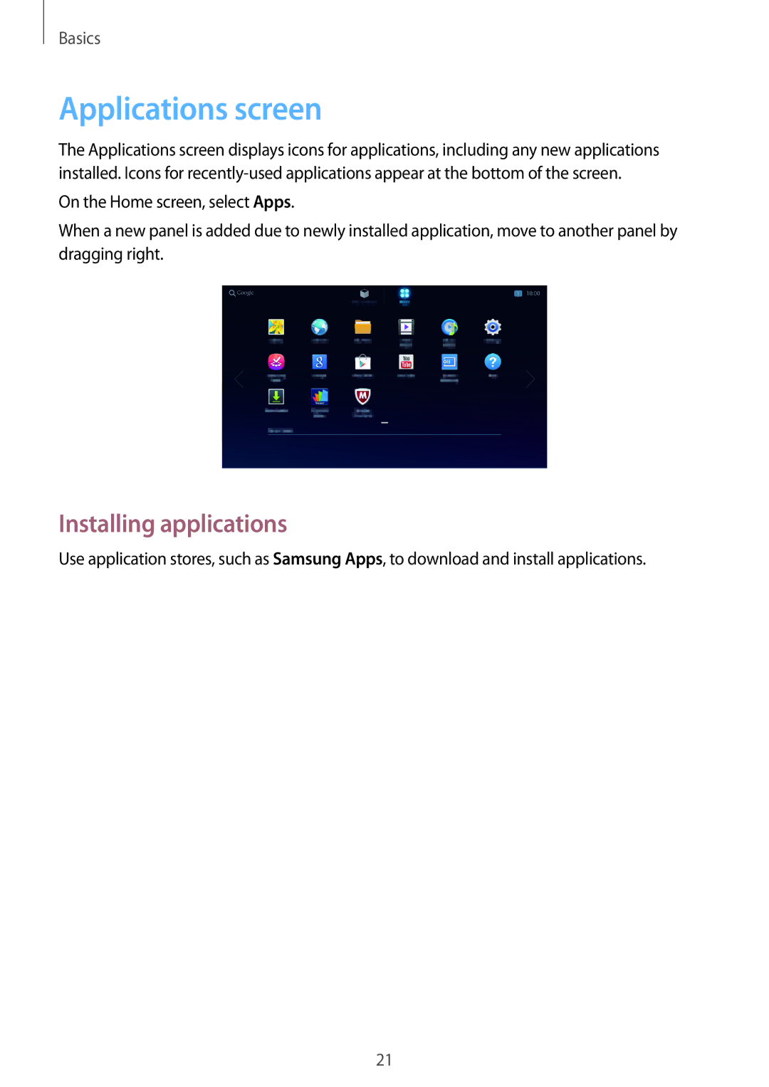 Samsung GT-B9150 user manual Applications screen, Installing applications 