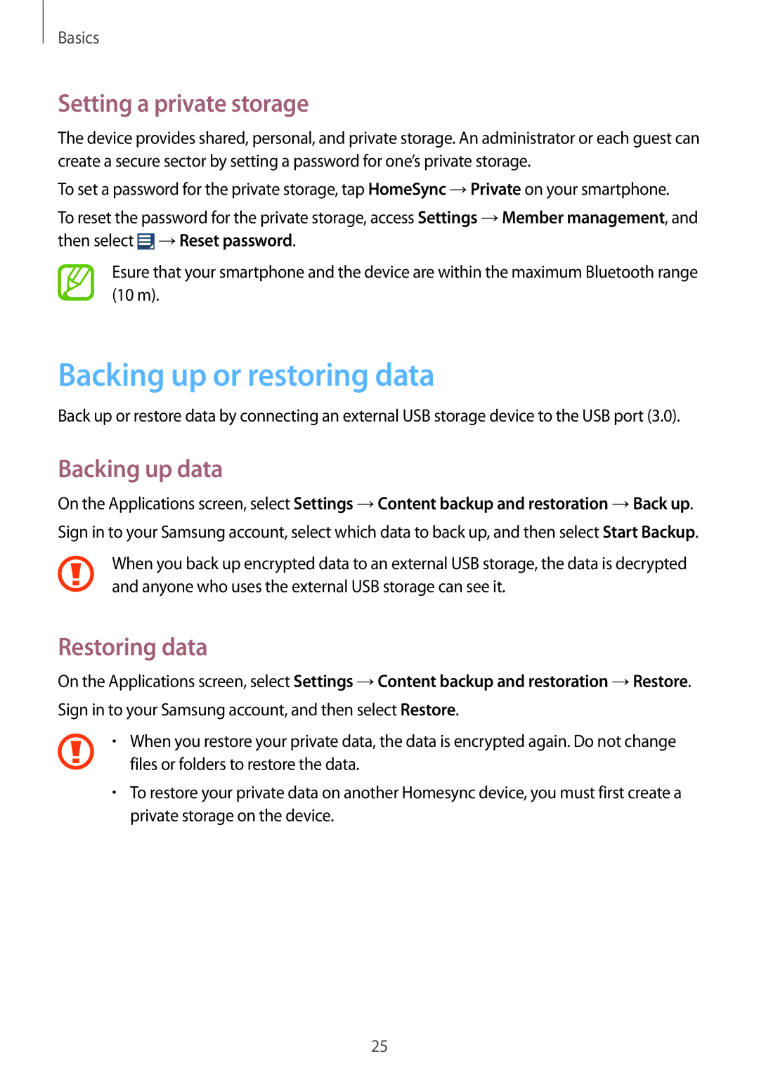 Samsung GT-B9150 user manual Backing up or restoring data, Setting a private storage, Backing up data, Restoring data 