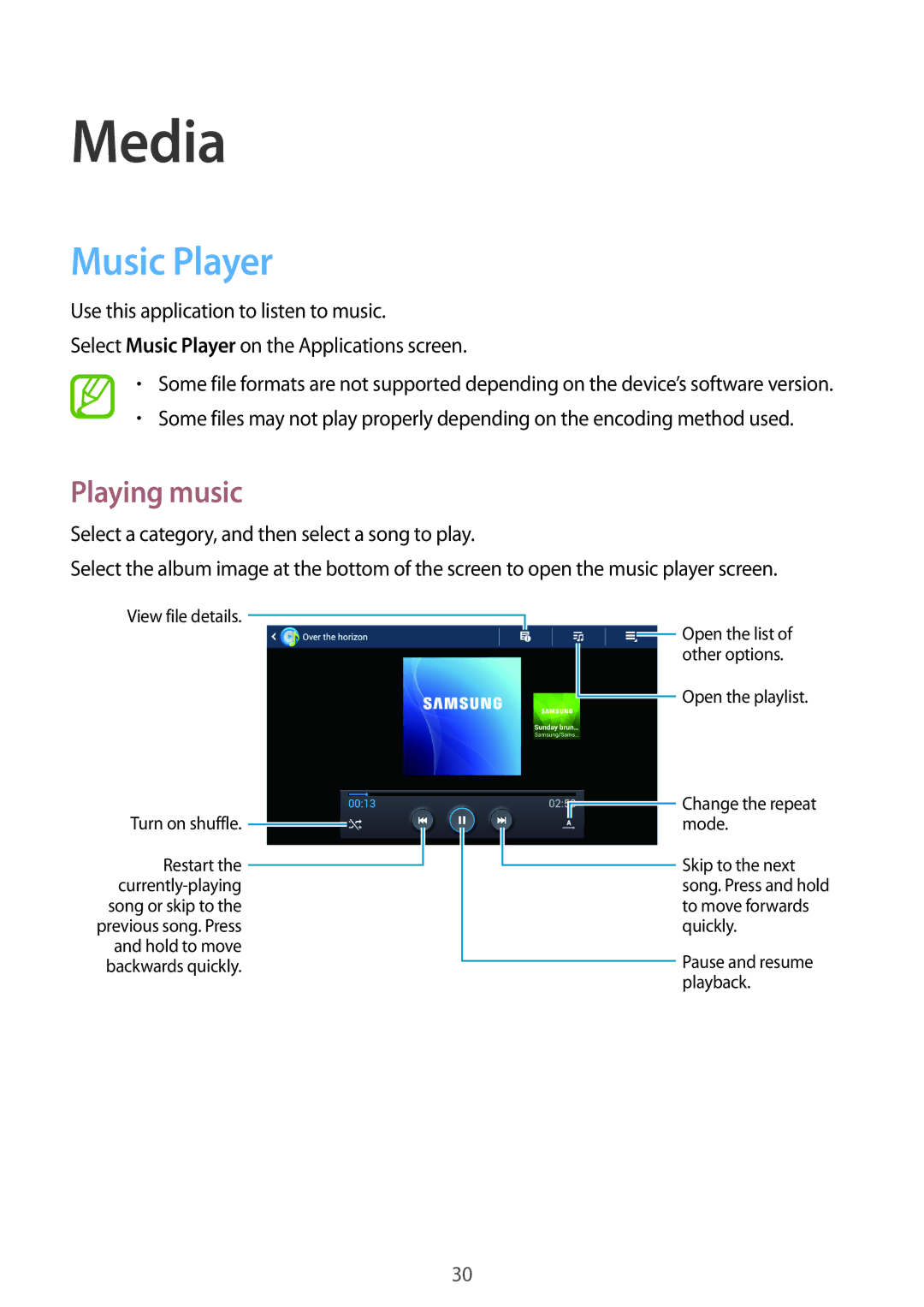 Samsung GT-B9150 user manual Media, Music Player, Playing music 