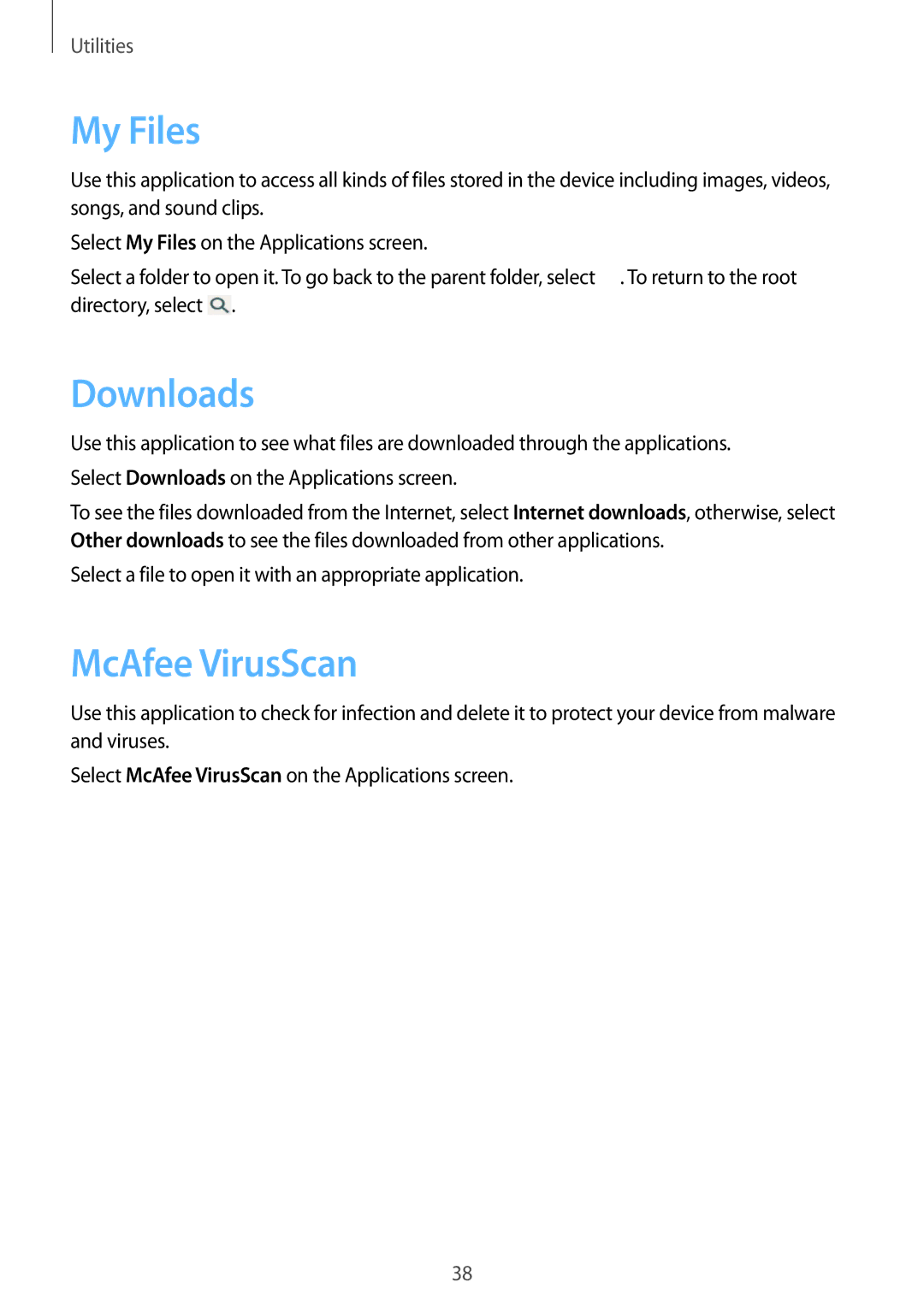 Samsung GT-B9150 user manual My Files, Downloads, McAfee VirusScan 