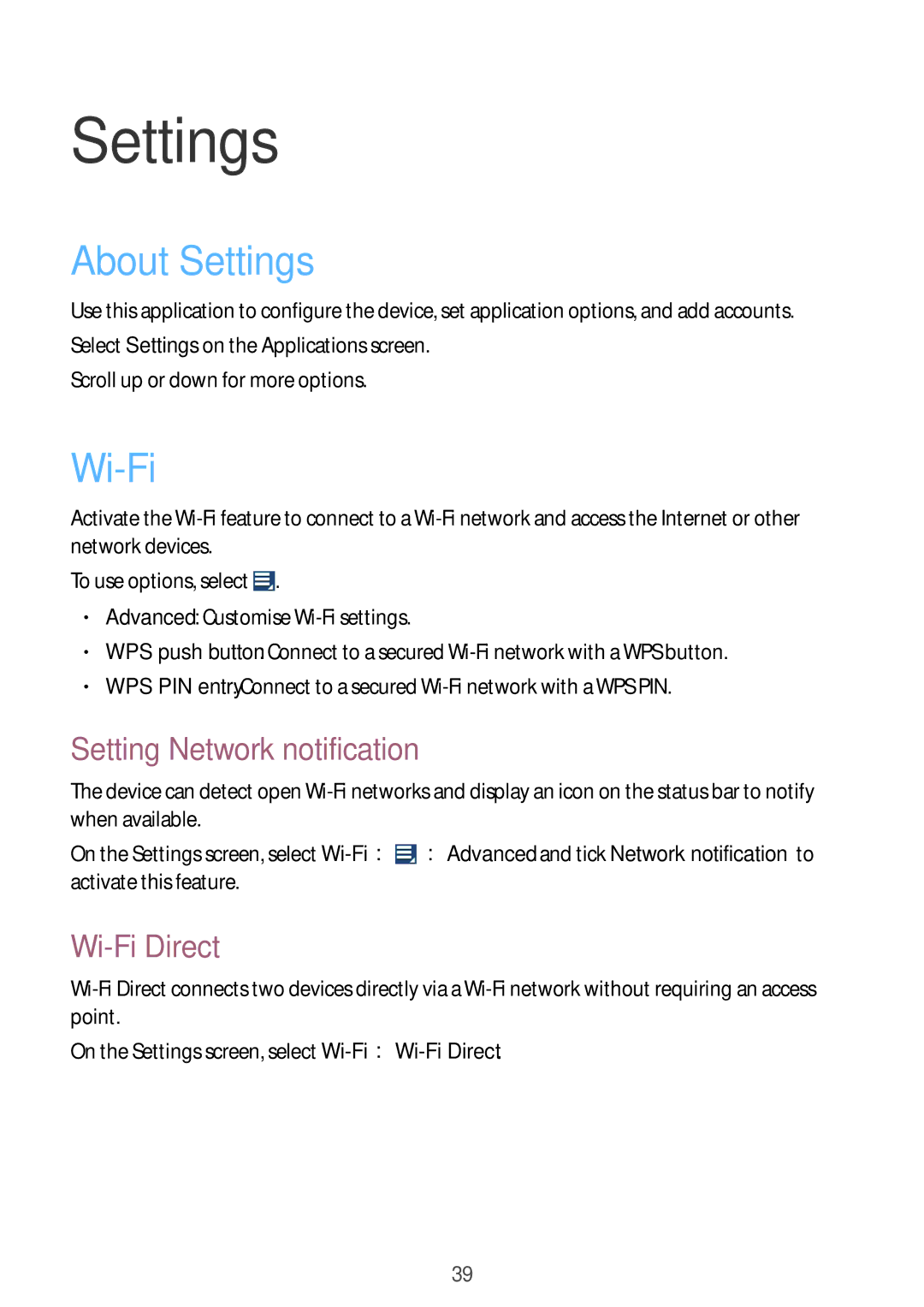 Samsung GT-B9150 user manual About Settings, Setting Network notification, Wi-Fi Direct 
