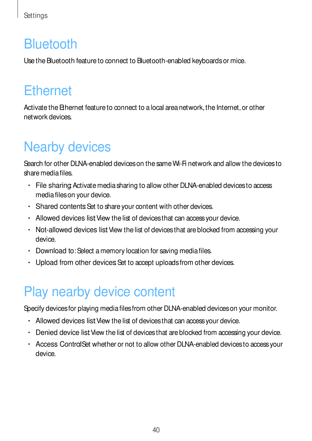 Samsung GT-B9150 user manual Bluetooth, Ethernet, Nearby devices, Play nearby device content 