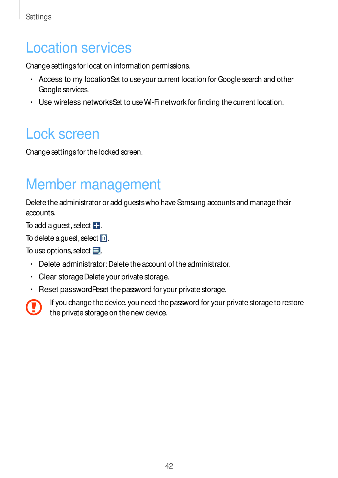 Samsung GT-B9150 user manual Location services, Lock screen, Member management 